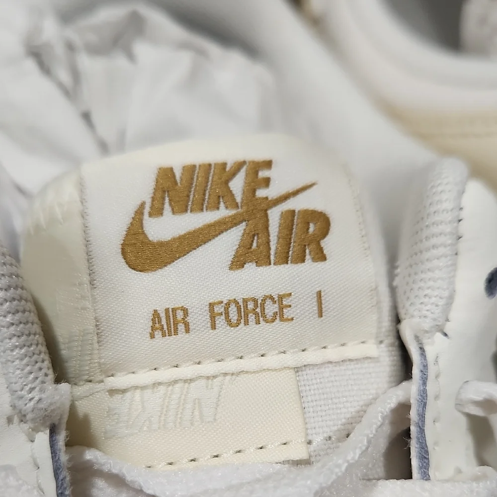 Nike Air Force 1 White and Metallic Gold Shoes - Picture 3 of 6